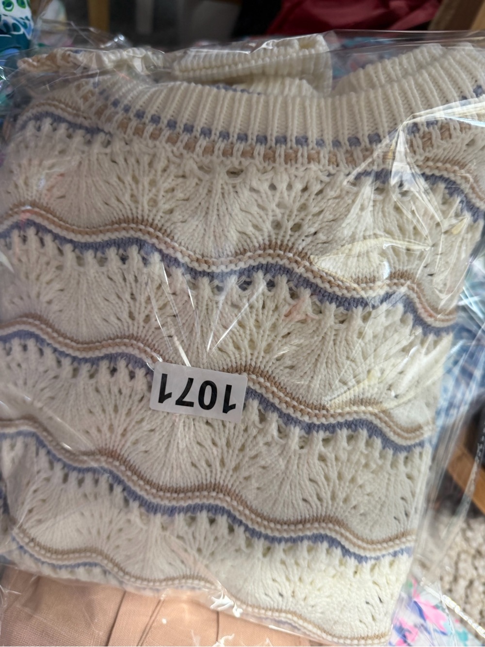 Marled Cream Eyelet Knit Sweater with Blue and Tan Stripes Size Large - Picture 7 of 7